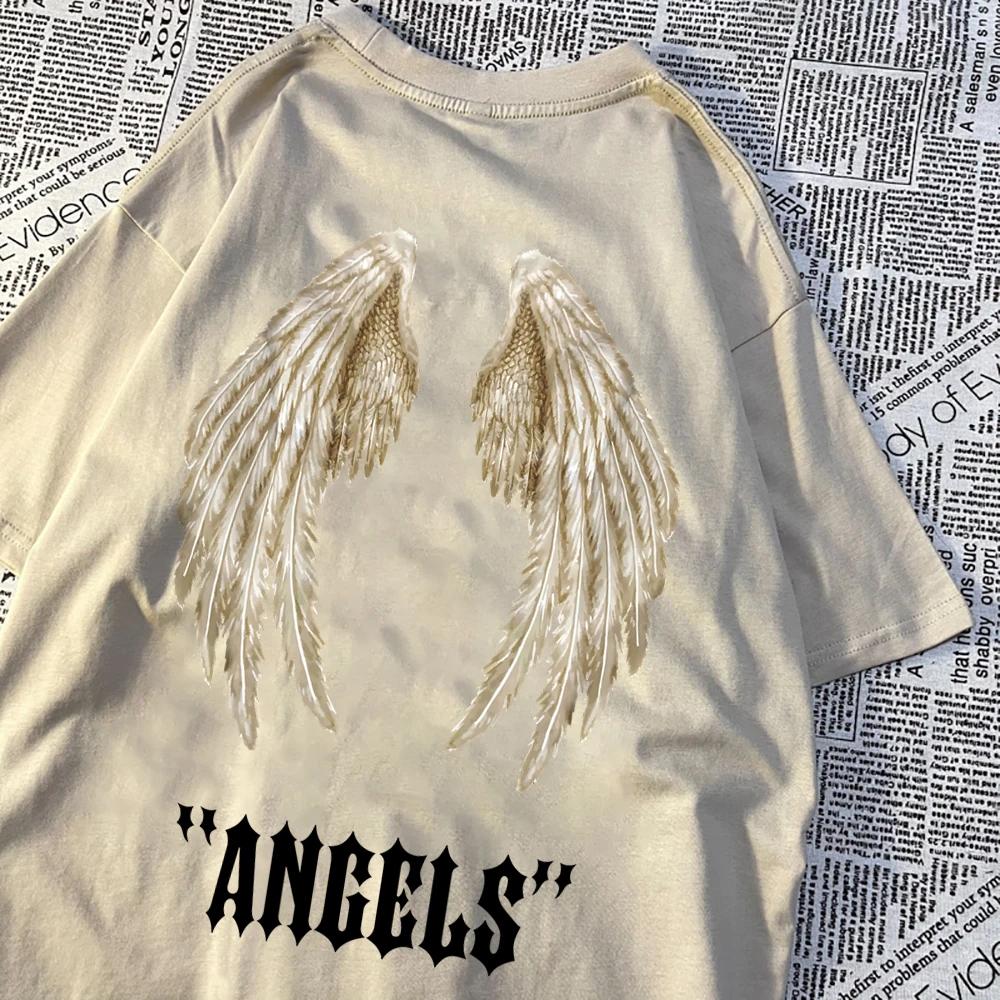 Мужская футболка свободного кроя в стиле хип-хоп с изображением крыльев ангела - летняя повседневная одежда из хлопка для пар