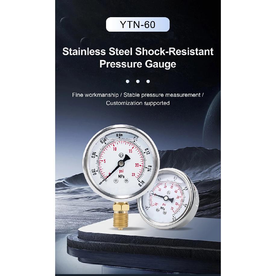 YTN‑60 Axial Liquid Filled Pressure Gauge -0.1MPa-0-60MPa Vibration Proof SS PSI Scale M14*1.5 G1/2 NPT1/4 for Water Air