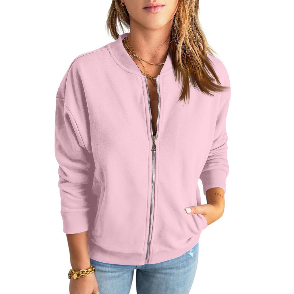 Women's Casual Sweatshirt Solid Color Zipper Jacket Long Sleeve Loose Coat With Pocket