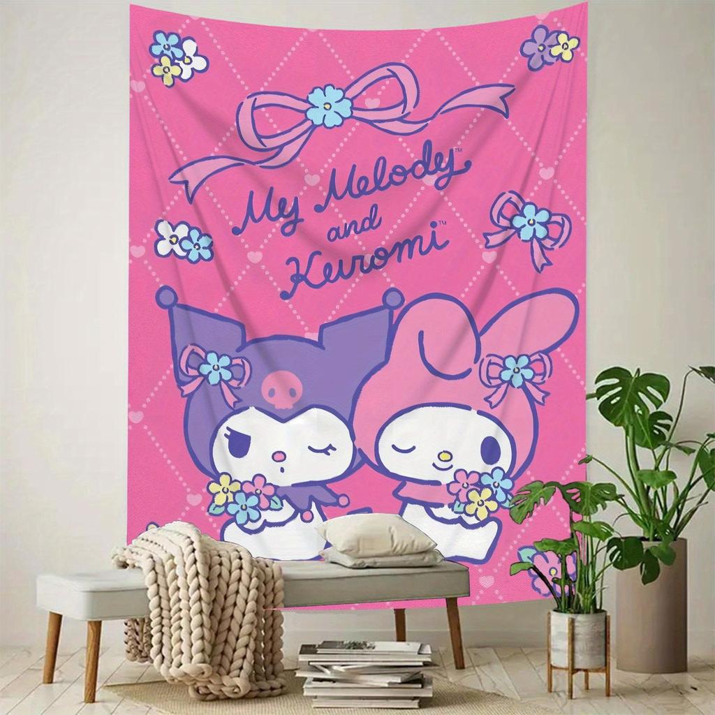 Гобелен с принтом My Melody и Black Beauty, синий и фиолетовый, мультяшные персонажи, цветочные украшения, идеально подходит для гостиных или