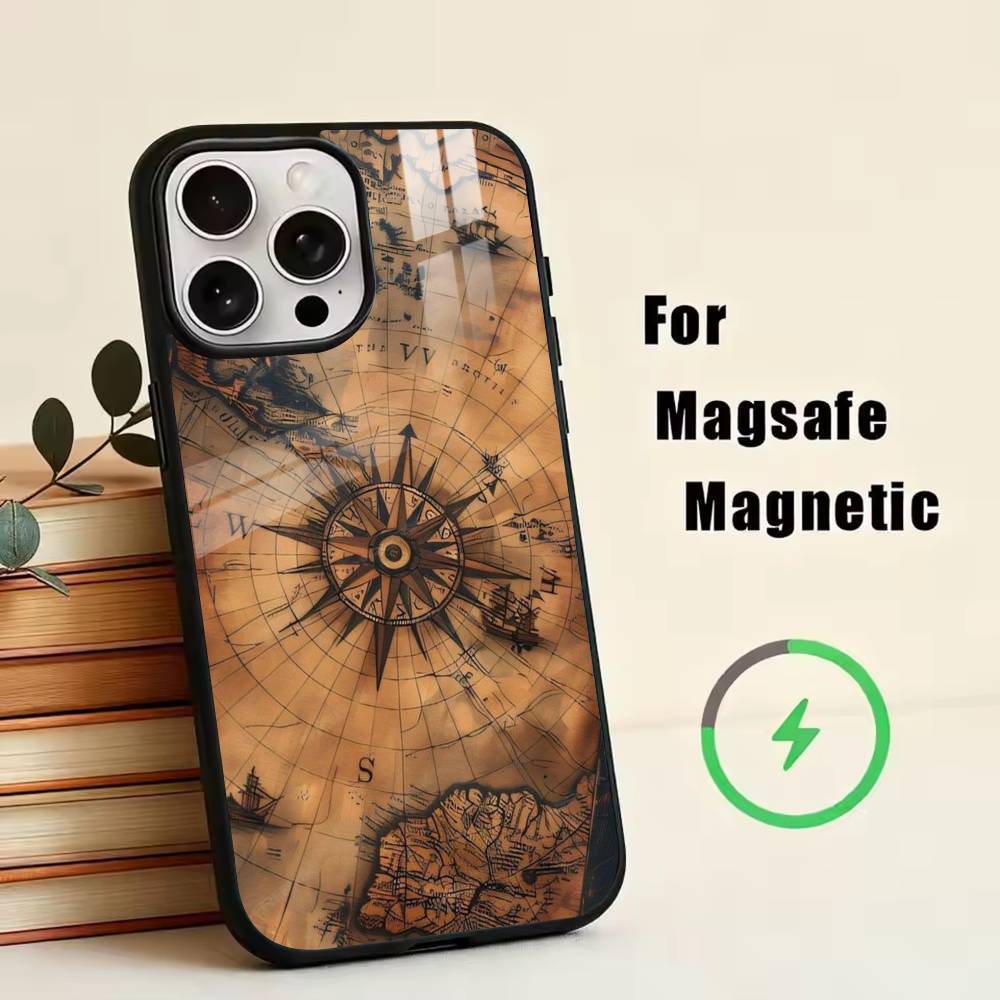 Vintage Nautical Compass Phone Case For iPhone17,16,15,14,13,12,11 Plus,Pro Magnetic with Magsafe Wireless Charging