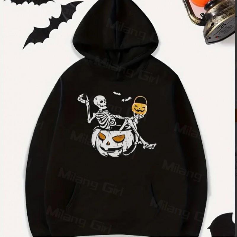 Womens Long Sleeve Hooded Sweatshirt With Skull Pumpkin Print Loose Fit Streetwear Top Winter