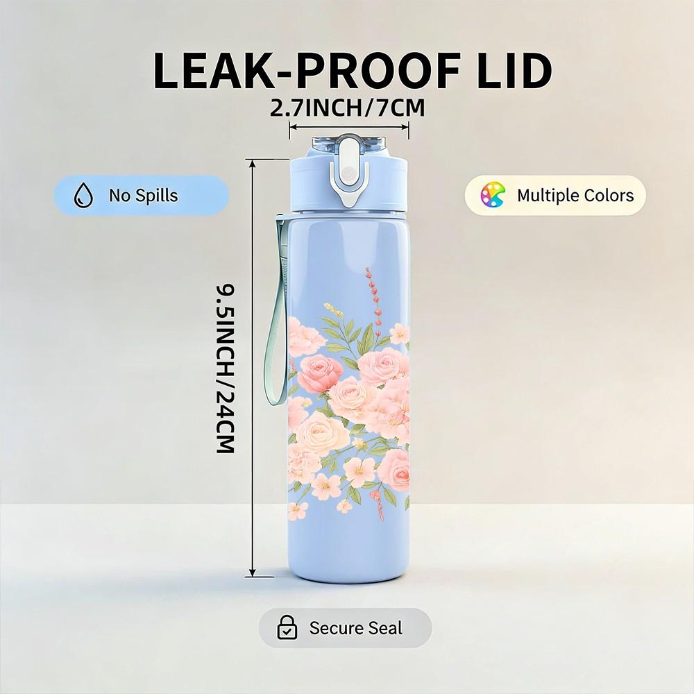 1PC Soft Pink Floral Bouquet 750ml Color Plastic Sports Water Bottle Leakproof Flip Straw Lid Suitable for Sports Office Home Use