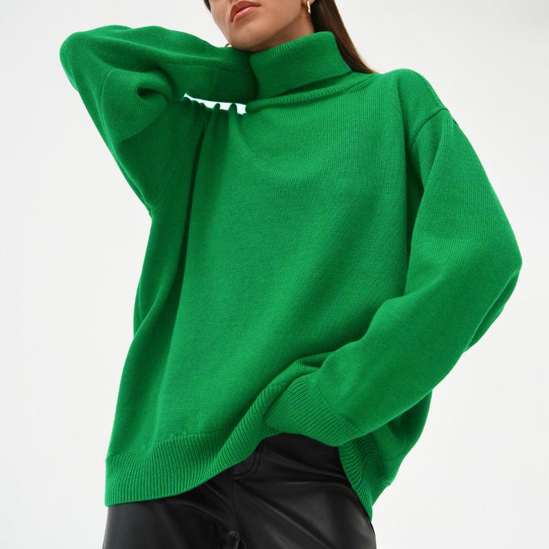 Женский свитер с высоким воротом, осенне-зимний свободный свитер, классический универсальный однотонный женский вязаный свитер-пуловер