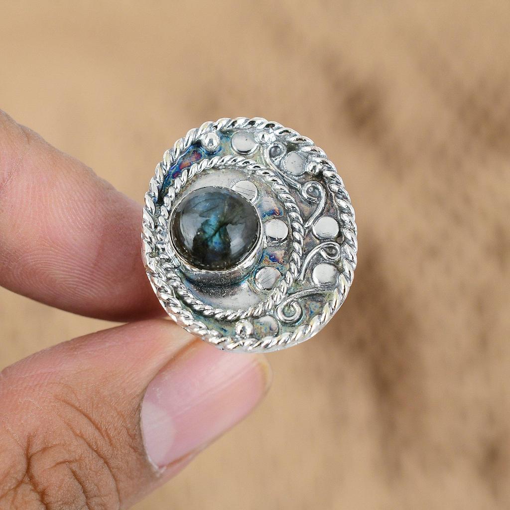 925 Silver Natural Labradorite Multi Stone Wedding Engagement Wife Ring Jewelry