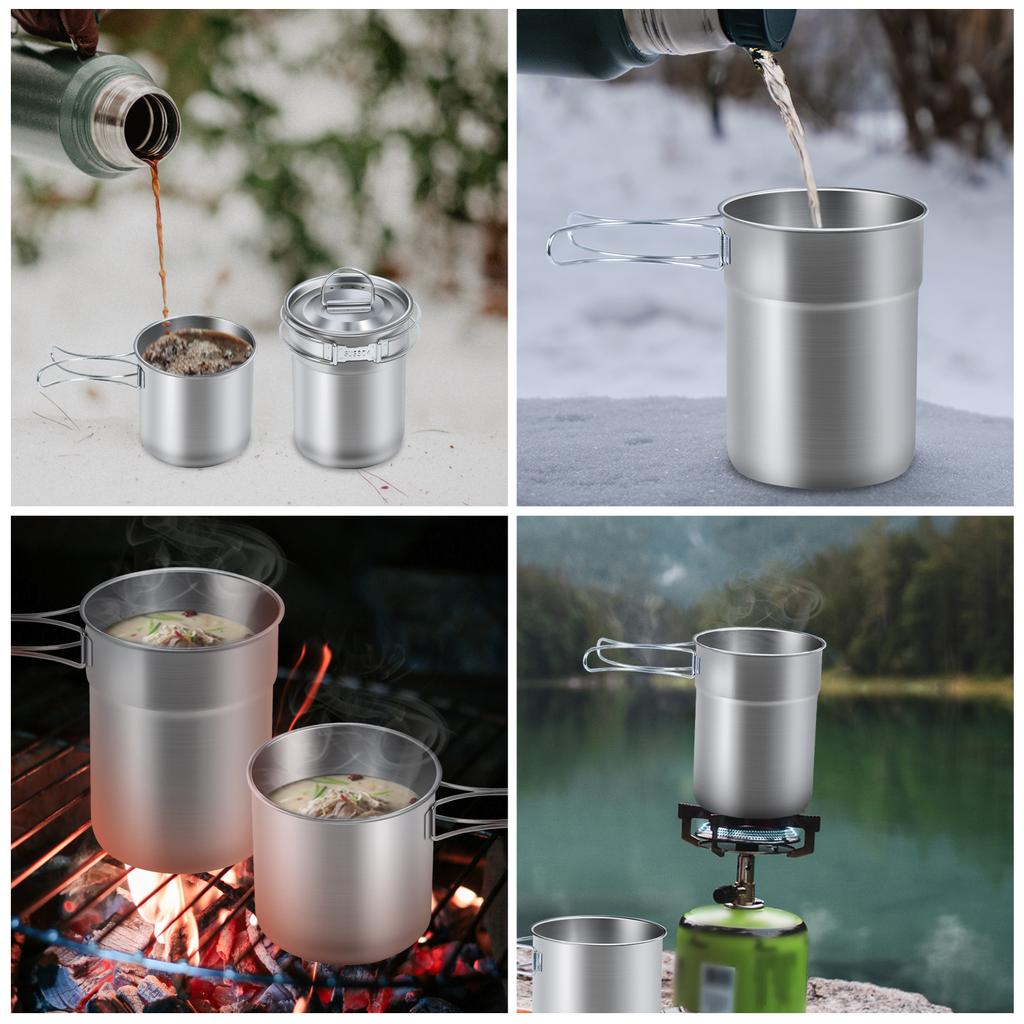 Set of 2 Stackable Camping Mugs Stainless Steel with Storage Bag Portable Coffee Cup with Foldable