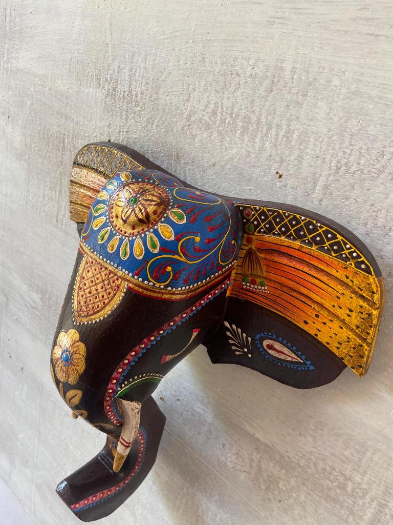 Hand Carved Wooden Elephant Mask: Indian Wall Decor