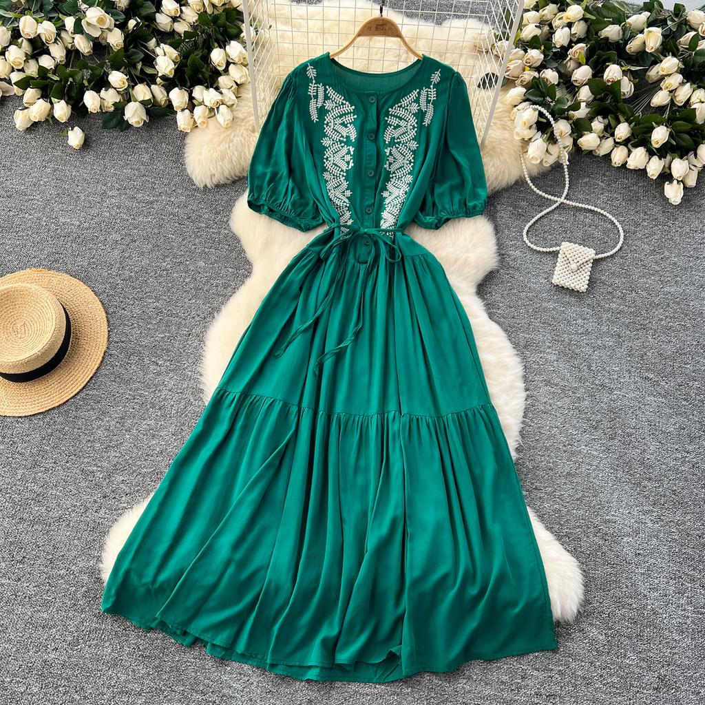 Винтажное платье с круглым вырезом для женщин с рукавами-фонариками, вышитыми шнуровкой, платья А-силуэта, однотонные лоскутные пуговицы, летнее платье