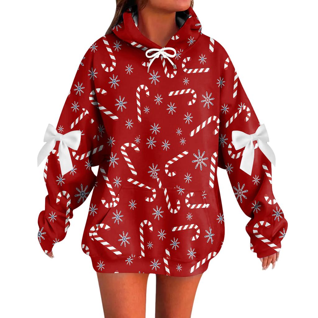 Женский рождественский с принтом банта, с длинными рукавами, свободного кроя, повязка на голову с веревкой, худи-топ с капюшоном