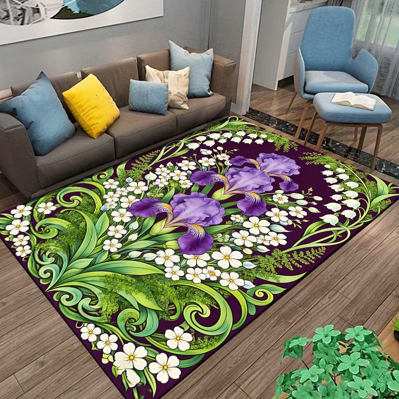 Floral Pattern Carpet with Purple Irises and Green Leaves Decor Suitable for use as an anti-slip for living room bedroom sofas