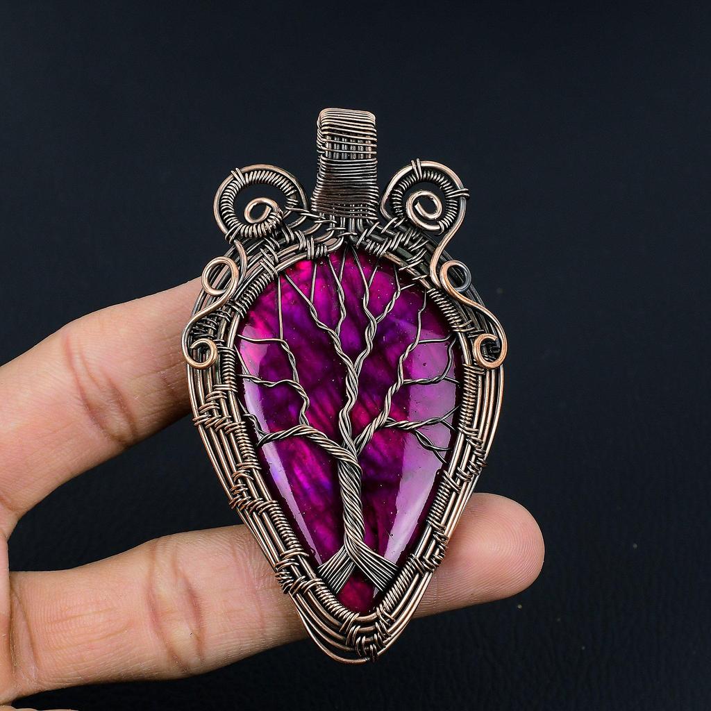 Tree Of Life Pink Flash Labradorite 999 Copper Wire Wrapped Jewelry, Handmade Beauteous Gemstone Jewelry Pendant For Women