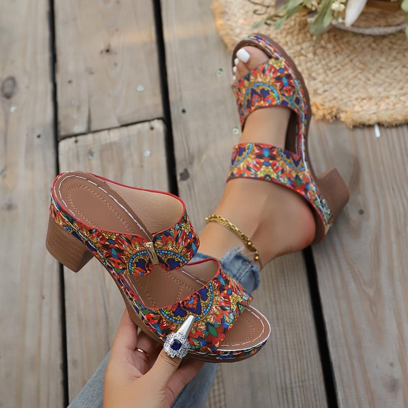 Женские богемные мюли-слайды с круглым носком и мозаичным принтом - Яркие разноцветные - Верх из ПУ и амортизирующая стелька - Легкие и удобные для лета