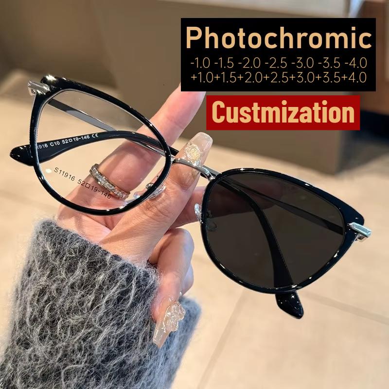 Fashion Cat Eye Pochromic Customization Prescription Glasses for Women Outdoor Color Changing UV Protection Sunglasses
