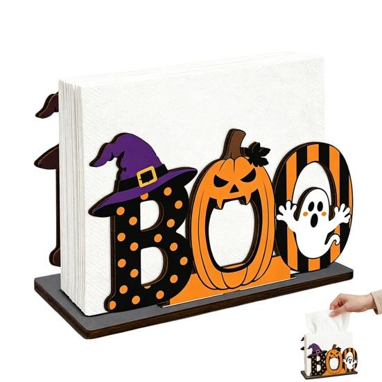 Holiday Gift for Kids Halloween Wooden BOO Napkin Holder, Cartoon Ghost Pumpkin Witch Hat Paper Towel Table Decor Wood Centerpiece Home Party & Dining