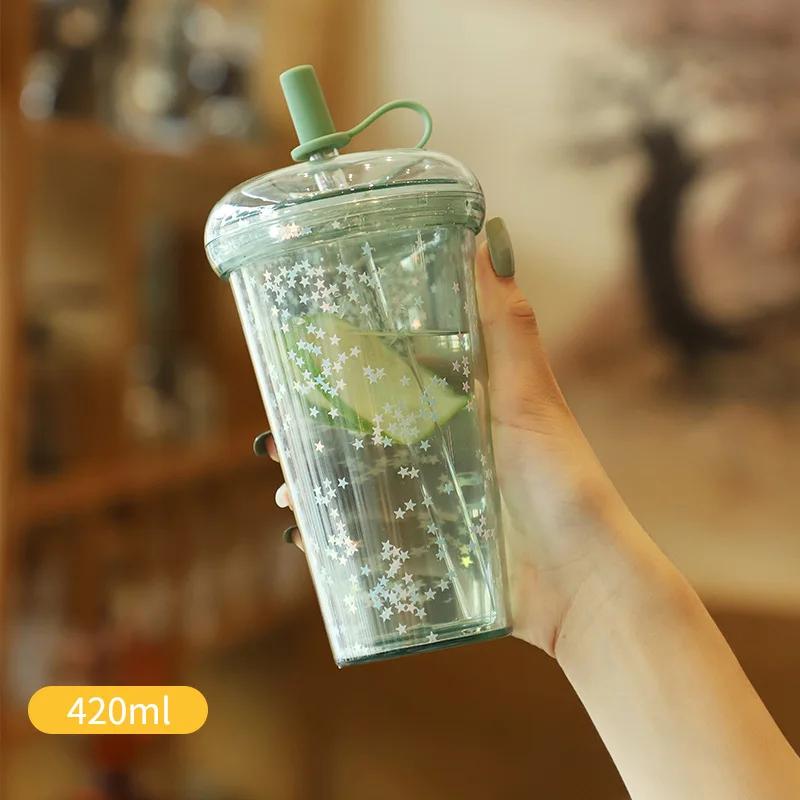 Ins Bubble Tea Cup Портативный стакан с трубочкой Пластиковые кофейные чашки с крышкой Прозрачная бутылка для воды