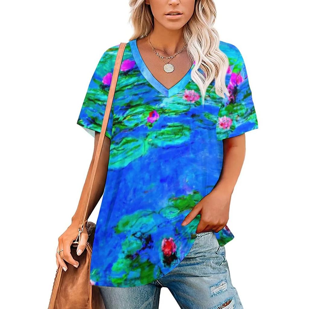 Van Gogh T-Shirts Oil Painting 3D Print Women Short Sleeve T Shirt V-Neck Streetwear Oversized Harajuku Female Tees Top Clothing