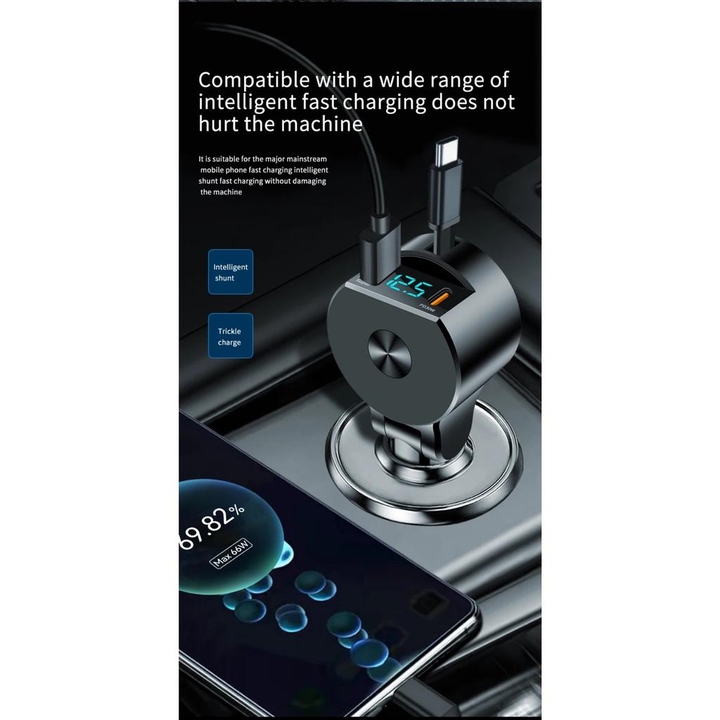 75W 3 In 1 Car Fast Car Phone Charger with Retractable Cable USB Type C Cable Adapter for IPhone Samsung Xiaomi Quick Charger3.0