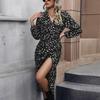 Women Autumn Winter Long Sleeve Print Elegant V-neck Casual A-Line Ankle-Length High Waist Dress