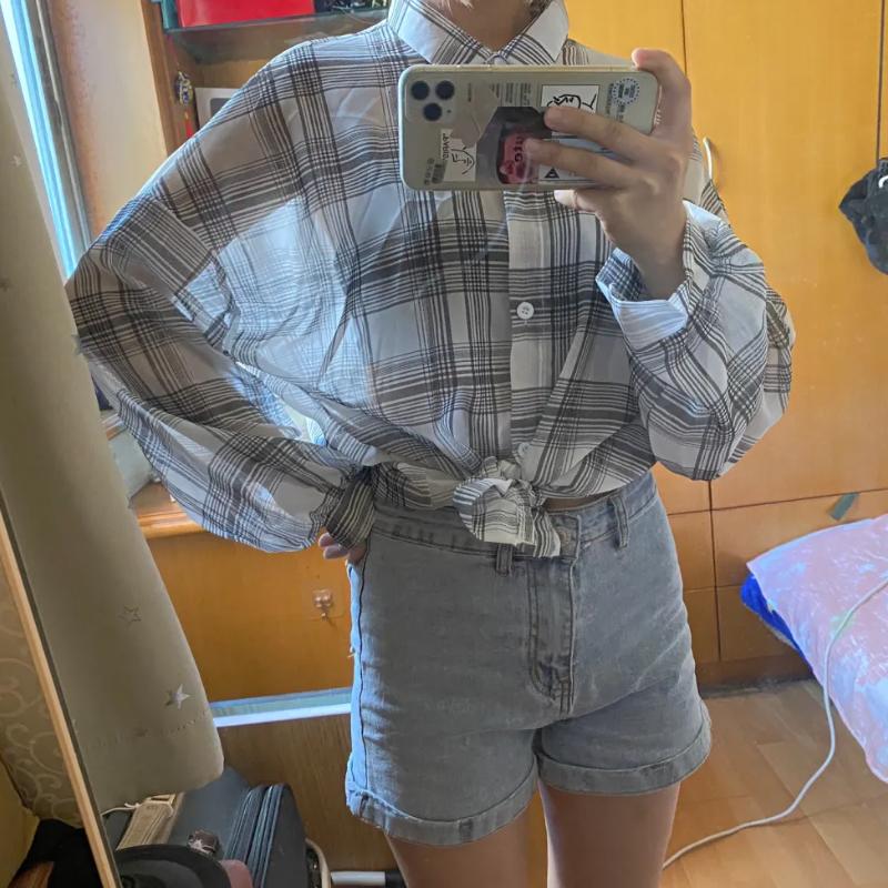 Женская тонкая клетчатая рубашка, повседневная блузка с длинным рукавом, солнцезащитное шифоновое пальто, женский кардиган на пуговицах, универсальная рубашка, топы Y2k