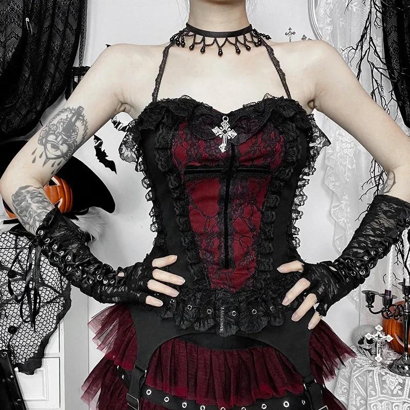 AltGoth Gothic Hotsweet Camisole Женская винтажная эстетика Y2k E-girl Hipster Кружевная Лоскутная Холтер Укороченная майка Косплей Одежда