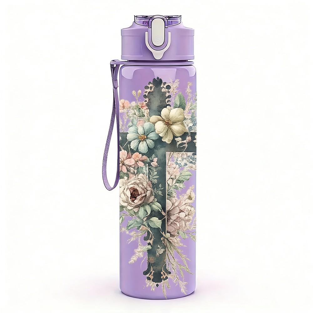 1PC Floral Cross Religious Faith Art Print 750ml Color Plastic Sports Water Bottle Leakproof Flip Straw Lid Suitable for Sports Office Home Use
