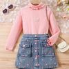 Girls' Fashion Set, Summer Children's Casual Solid-color Long-sleeved Top, Denim Pleated Skirt Set