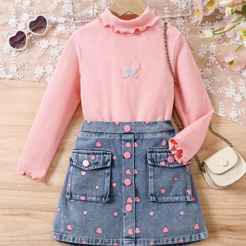 Girls' Fashion Set, Summer Children's Casual Solid-color Long-sleeved Top, Denim Pleated Skirt Set