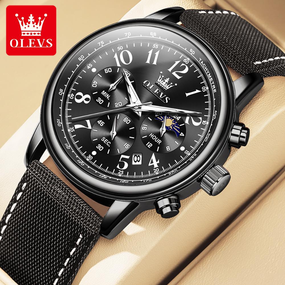 Многофункциональные кварцевые мужские часы с календарем фаз Луны и хронографом, повседневные водонепроницаемые наручные часы с кожаным ремешком