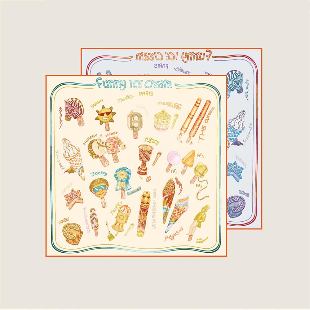 POBING Curled Twill Silk Scarf Women Funny ICE CREAM Double Side Printed Square Scarves Wraps Echarpes Foulards Femme Hijab 70CM