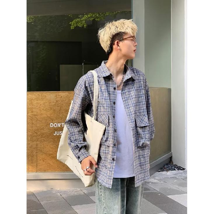 Рубашка в японском стиле в стиле ретро с большим карманом, с длинными рукавами, для мужчин и женщин, винтажная, с несколькими карманами, контрастного цвета, для пары, рубашка, пальто