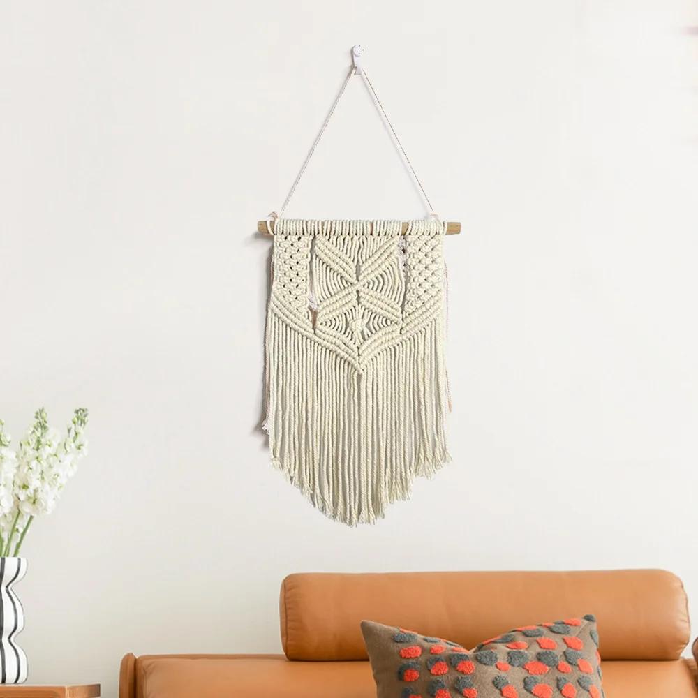 Boho Macrame Wall Hanging Hand Woven Bohemian Style Tassel Cotton Tapestries Beige Wall Decoration for Study Decoration