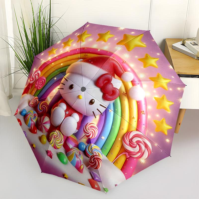 1pc Hello Kitty Candy Automatic Folding Umbrella - Portable 3-Fold Design with Iron Frame, Perfect for Festivals, Travel, Daily Use, Gift for Fans.H05