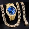Hip Hop Iced Out Cuban Necklace Watch For Men AAA 2 Row Prong Cuban Chain Necklace+Watch+Bracelet Set Punk Rapper Jewelry Gifts