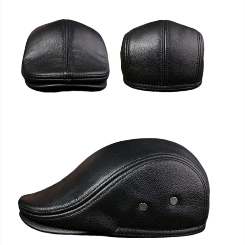 High Quality Cow Leather Hat Men's Fashion Warm Thickened Beret with Hidden Ear Protection