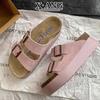 Leather Thick-soled Heightened Half-slippers for Women's Outer Wear Summer New Cork-bottomed Boken One-word Cool Slippers