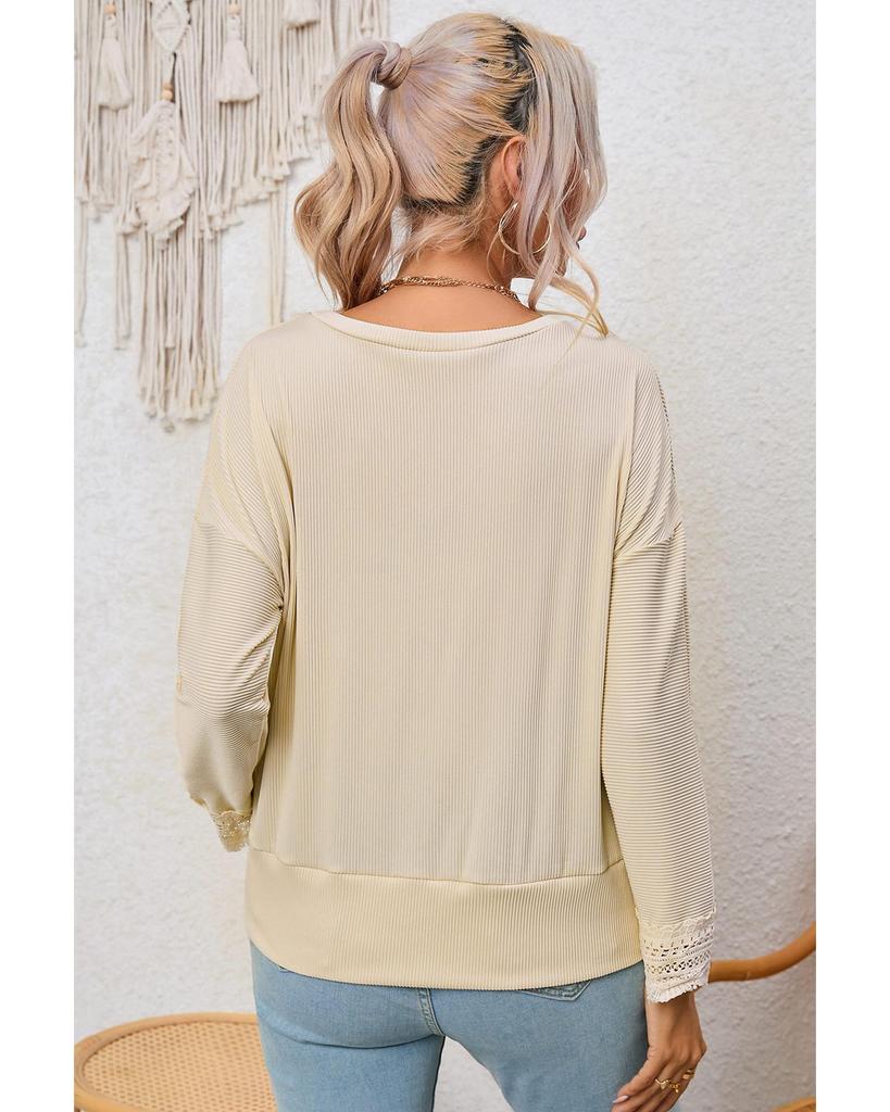 Azura Exchange Lace Trim V Neck Long Sleeve Top