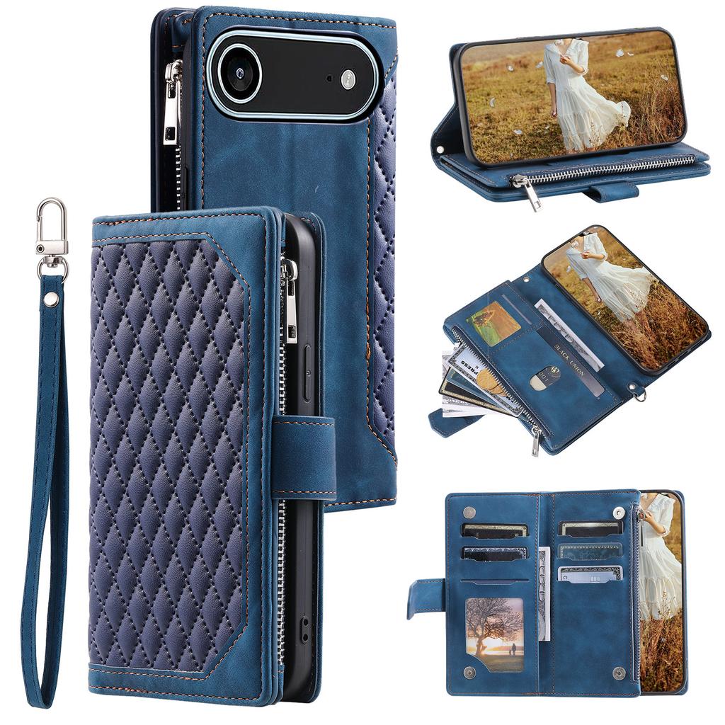 For iPhone 17 Air Wallet Case Rhombus Stitching Line PU Leather Phone Cover with Wrist Strap