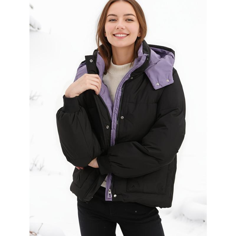 Women Autumn Winter Hooded Padded Warm Color Block Short Cotton Coat