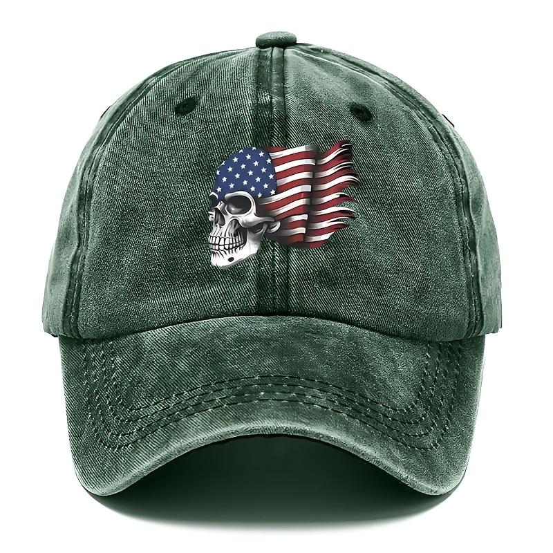 VintageStyle Washed Baseball Cap with American Flag Skull Print Adjustable Distressed Dad Hat for Men