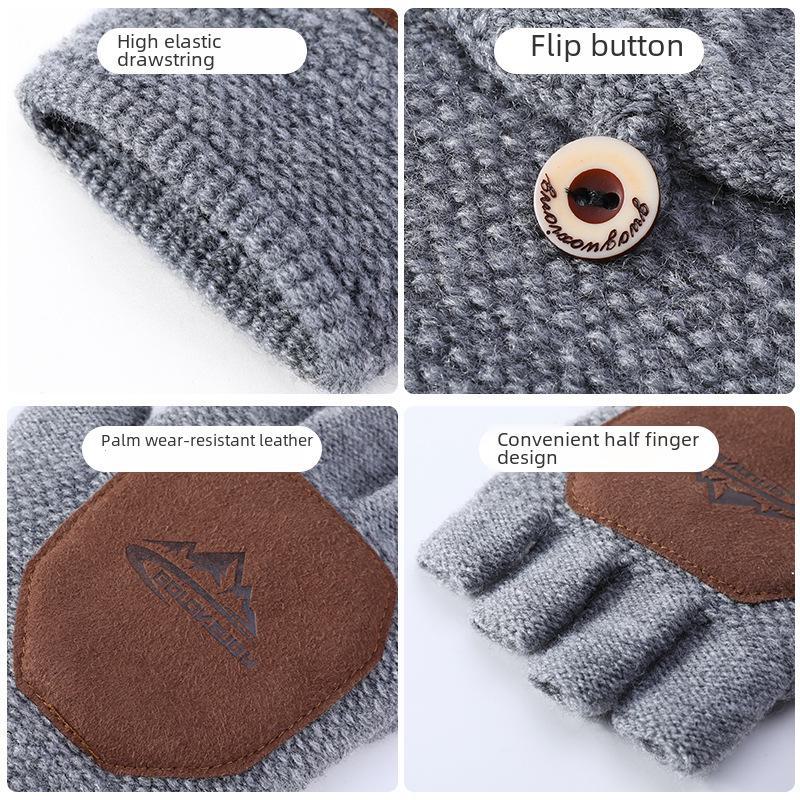Мужские зимние вязаные перчатки-флип - ветрозащитные, теплые, с нескользящей ладонью, толстые перчатки для отдыха на природе (Модель DZ102).