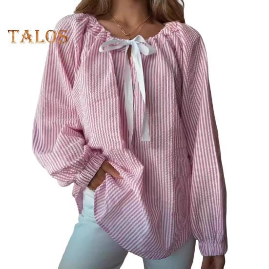 Женская рубашка с круглым вырезом, бантом, шнуровкой, длинным рукавом, полосатым принтом, свободный крой, для вечеринок, офиса, повседневной носки