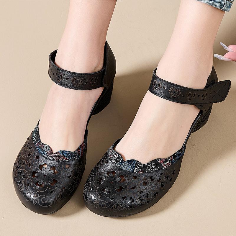 Fashion GKTINOO 2025 New Women Sandals Summer Genuine Leather Hollow Thick Heels Sandals Retro Non-slip Round Toe Casual Soft Sole Shoes