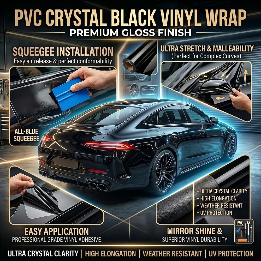Glossy Black Self-adhesive Vinyl Sticker PET Circular Film Auto Decal Air Bubble Free Car Body Styling Decoration Accessories
