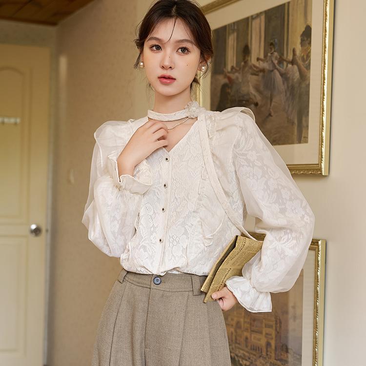 Mishow White Bow Blouse for Women Autumn 2023 Fashion Elegant Loose Lace V-neck Long Sleeve Button Casual Shirts MXC41X1280
