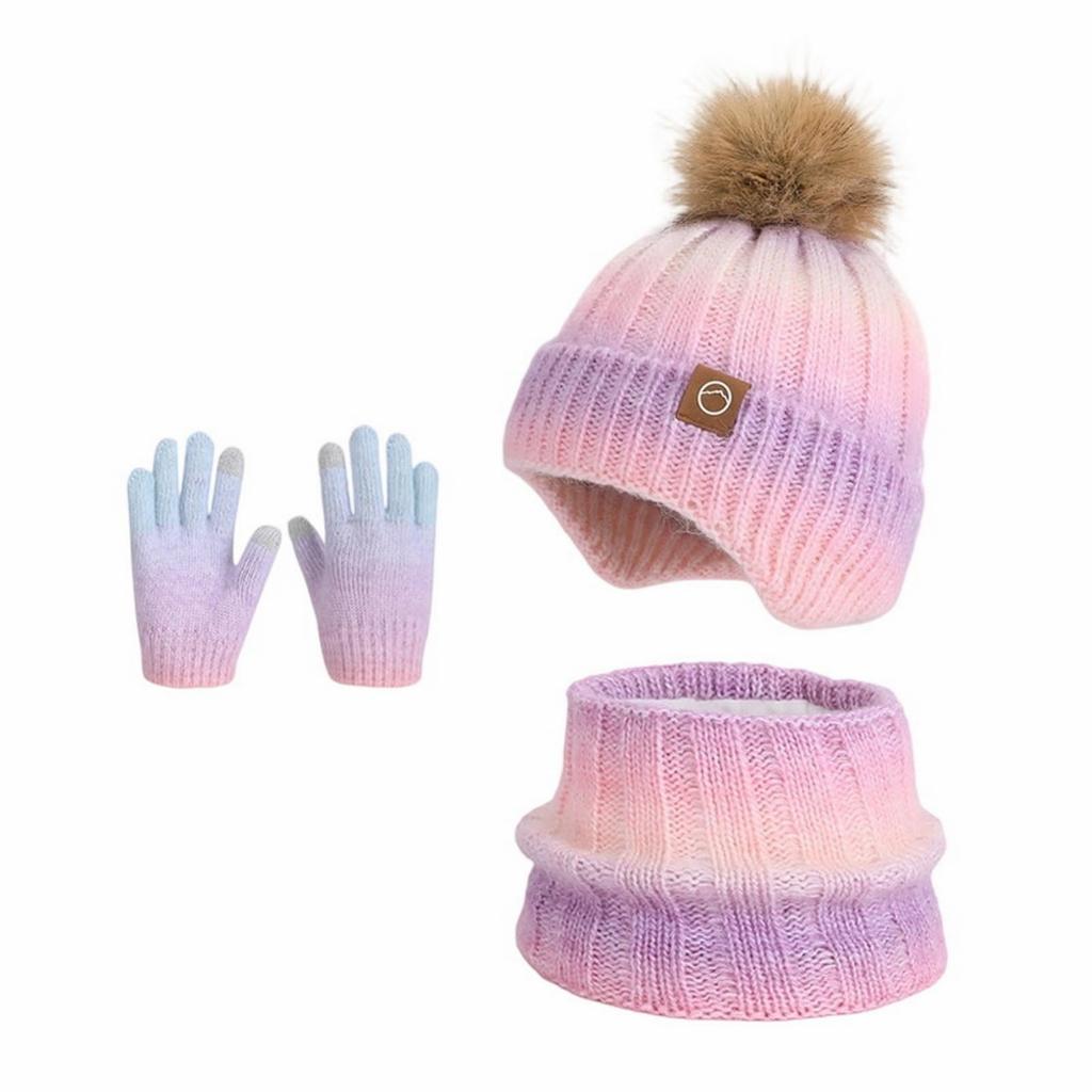 Three-piece Set Of Children's Hat, Gloves And Scarf - For Boys And Girls, Winter Fleece-lined Warm Earmuff Gradient Color Wool Knitted Hat