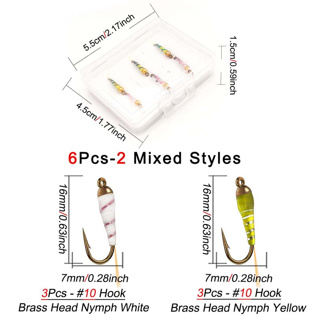 6/10 шт./набор - сухие мушки, наживка для ловли рыбы нахлыстом, нимфа Brasshead, белая и желтая наживка для ловли щуки, форели, лосося, окуня, нахлыстовые мушки - размеры № 10