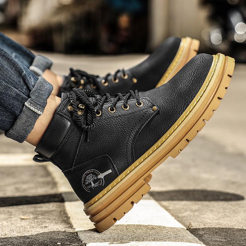 Martin boots men's winter velvet high-top British wind mid-top rhubarb boots men's cotton shoes genuine leather retro boots