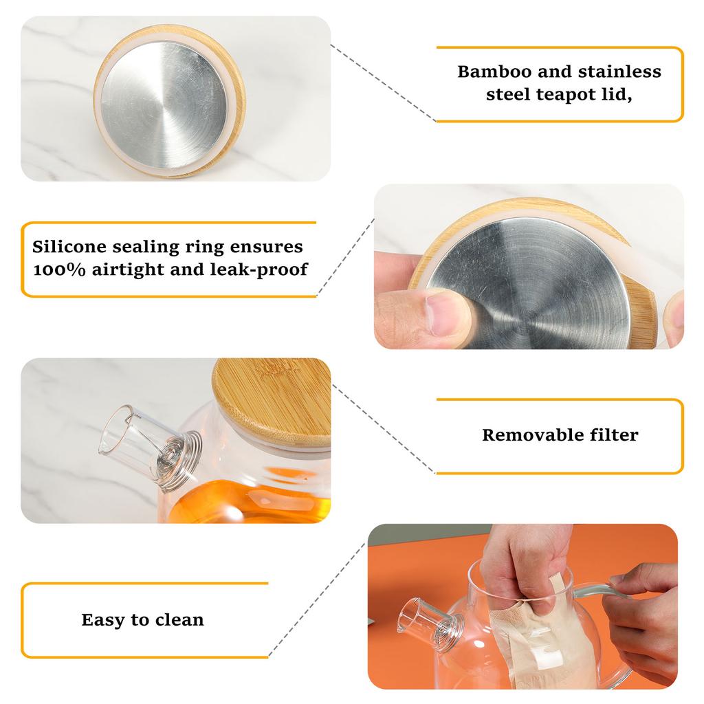 Glass Pitcher with Bamboo Lid 1800ml Glass Water Pitcher Multifunctional Heat Resistant Glass Jug with Handle for Hot Cold Tea