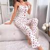 2 Pcs/Set Women Vest Pants Suit Bow Heart Print Sleeveless Shirring Edge Top Mesh Patchwork Trousers Homewear Sleepwear Outfit Summer Loungewear