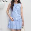 Женское платье-майка с круглым вырезом, бантом и плиссировкой в клетку в стиле кэжуал